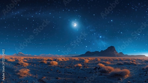  a view of a desert with a mountain in the distance and a star filled sky with stars in the distance.