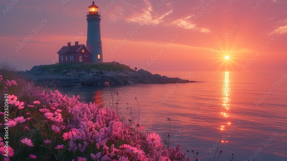  a light house sitting on top of a cliff next to a body of water with pink flowers in front of it.