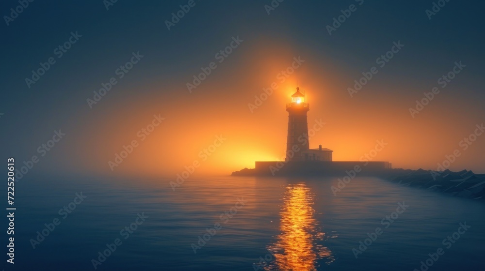  a light house in the middle of a body of water with a bright light shining on it's side.