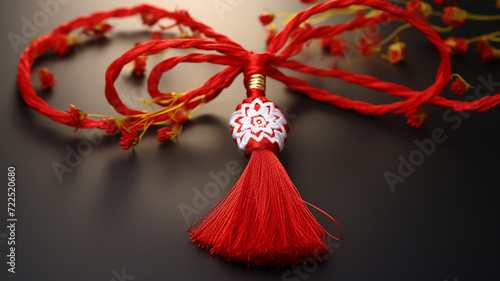 Martisor, red and white, yarn floss thread, holiday of welcoming spring in Moldova and Romania, celebrated on March , tradition give boutonnieres in the form of flowers Baba Marta.