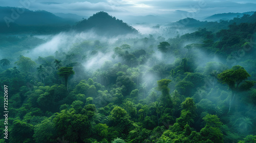 Tropical rainforest, Stunning view african Rainforest with sunrise mist and fog rays in the morning. © STORYTELLER