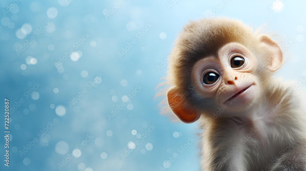 Little monkey, baby macaque brown, with brown eyes and big ears, funny, smart, beautiful, on a blue background, close-up Little monkey, baby macaque brown, with brown eyes and big ears, funny, smart, beautiful, on a blue background, close-up