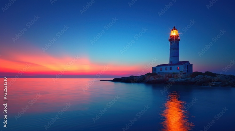  a light house sitting on top of a rock in the middle of a body of water with a sunset in the background.