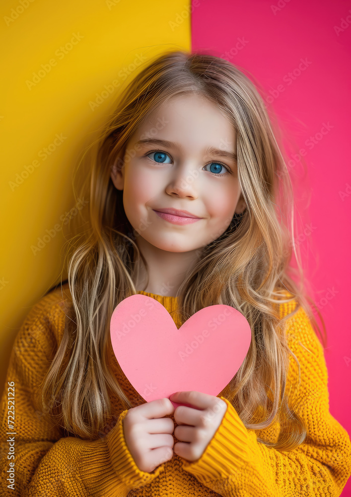 little cute girl holding a paper heart on a colored background in the studio, love, valentine's day, mother's day, congratulation, gift, celebration, child, kid, children, childhood little cute girl holding a paper heart on a colored background in the studio, love, valentine's day, mother's day, congratulation, gift, celebration, child, kid, children, childhood