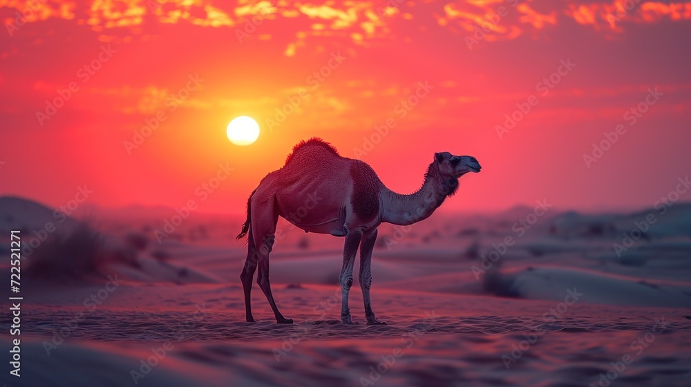 a camel standing in the middle of a desert with the sun setting in the background and clouds in the sky. a camel standing in the middle of a desert with the sun setting in the background and clouds in the sky.