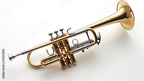A striking  gleaming trumpet stands proudly against a clean white background  ready to enchant the world with its soulful melodies.