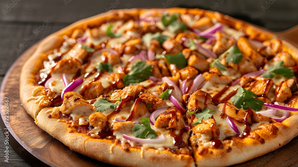 BBQ chicken pizza with a smoky barbecue sauce base, tender grilled chicken, gooey mozzarella cheese, and accents of red onions and cilantro BBQ chicken pizza with a smoky barbecue sauce base, tender grilled chicken, gooey mozzarella cheese, and accents of red onions and cilantro