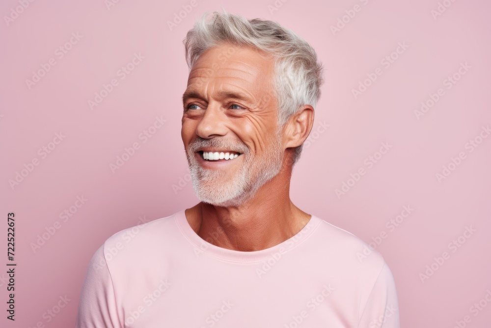 Handsome senior man smiling and looking at camera while standing against pink background Handsome senior man smiling and looking at camera while standing against pink background