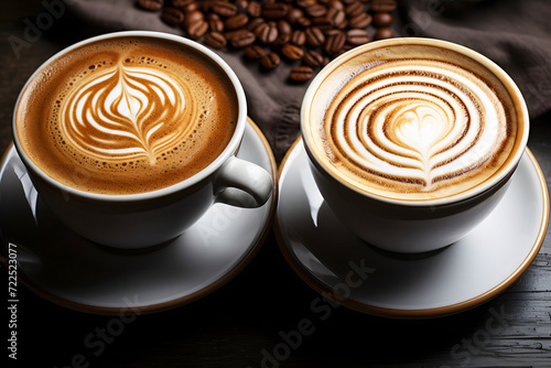 cups with aromatic latte and cappuccino coffee made from beans of different varieties and manufacturers. comparison of different coffee options