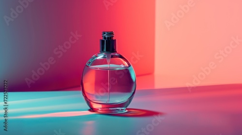  a bottle of perfume sitting on a table in front of a pink and blue background with a shadow on the floor.