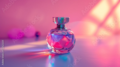  a bottle of perfume sitting on top of a table next to a pink and blue wall with a light shining on it.