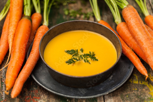 Carrot soup in a black bowl with fresh carrots photo