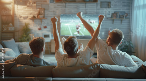 A group of friends are watching a football game on the TV, cheering for their favorite team. Game night.