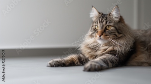 A beautiful Maine Coon Cat indoors lounging on a grey floor, copy space