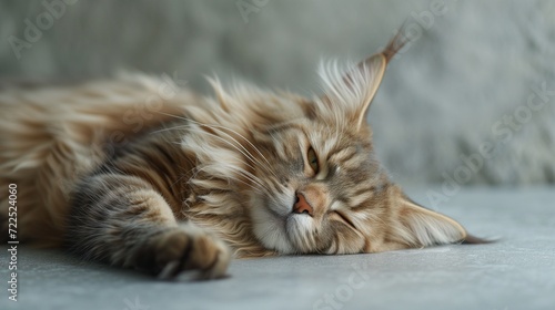 A beautiful Maine Coon Cat indoors lounging on a grey floor, copy space