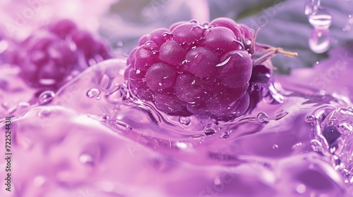  a bunch of grapes sitting on top of a purple liquid filled surface with a green leaf on top of it.