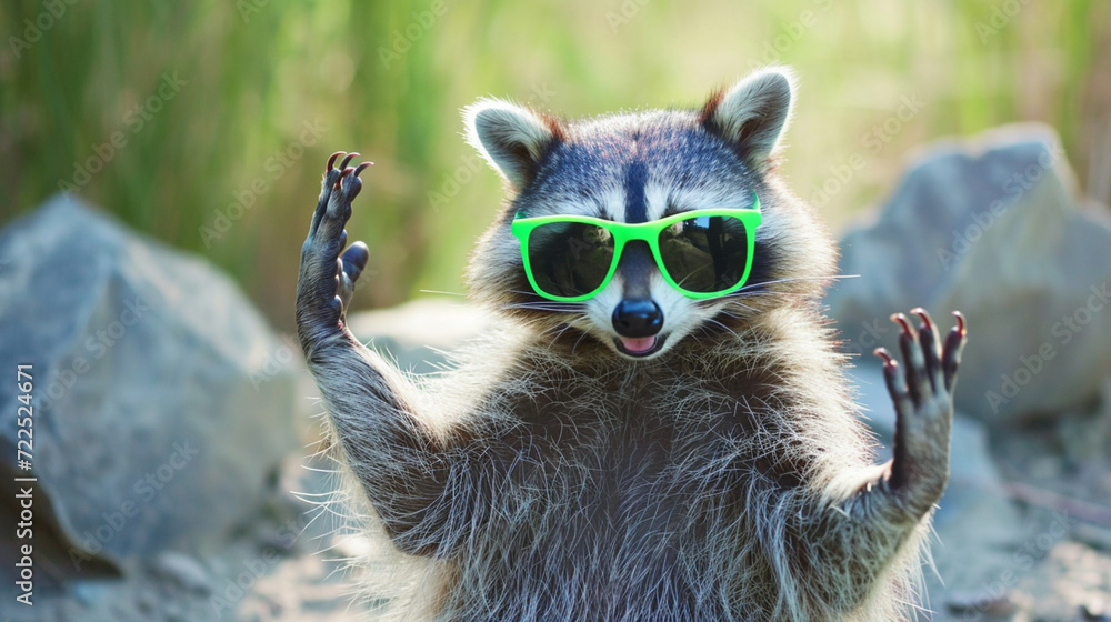 Funny raccoon in green sunglasses. Generative Ai