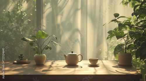A cozy indoor scene where a teapot and cup sit on a table next to a vibrant houseplant, basking in the warm sunlight streaming through the window, casting shadows on the wall