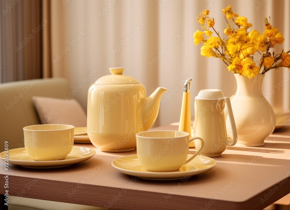 a table with a vase of yellow flowers and a plate with a cup and saucer and saucer on it. a table with a vase of yellow flowers and a plate with a cup and saucer and saucer on it.