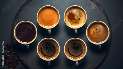 cups with aromatic coffee from beans of different varieties and manufacturers. top view. comparison of different coffee options