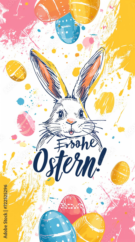 Happy Easter! Banner with easter eggs, bunny and calligraphy text 