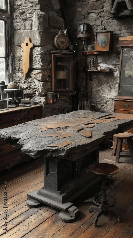 Old-World Stone and Dark Timber Architect's Drafting Table