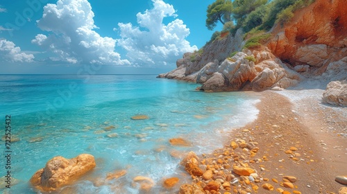  a sandy beach with clear blue water and a rocky cliff on the other side of the beach, under a partly cloudy blue sky.