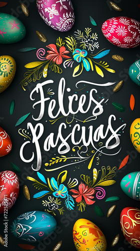 Happy Easter! Banner with easter eggs flowers and calligraphy text "Felices Pascuas". Dark background, vivid colors, modern style. Instagram story, vertical banner or greeting card