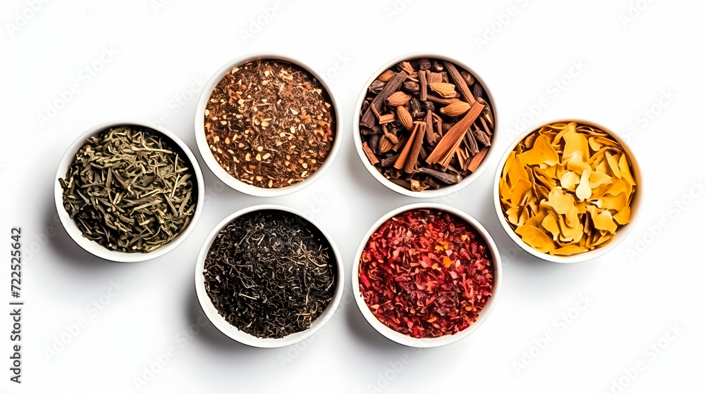Collection of herbal tea ingredients displayed in a row, top view.