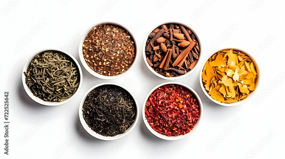 Collection of herbal tea ingredients displayed in a row, top view. Collection of herbal tea ingredients displayed in a row, top view.