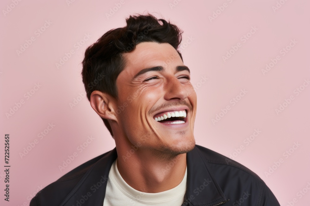 Portrait of a happy young man laughing against a pink background. Portrait of a happy young man laughing against a pink background.