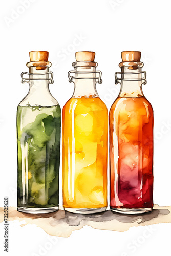 Hand-painted juice bottles in a variety of colors, watercolor style on white.