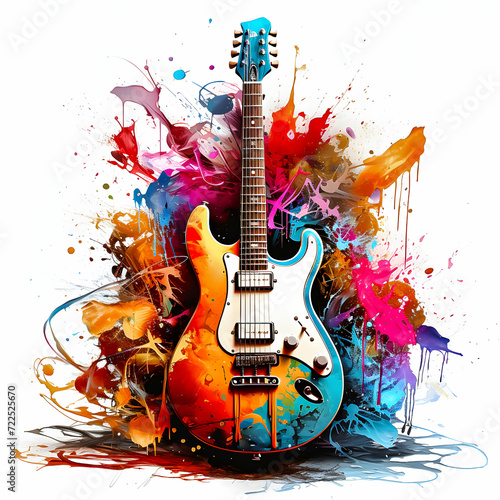Electric guitar with vibrant paint splashes on a white background.