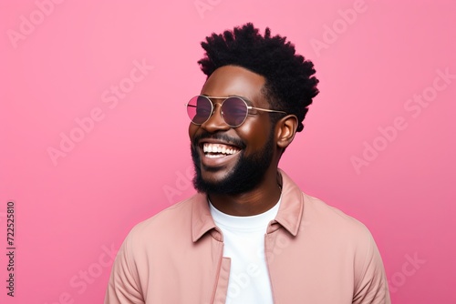 Cheerful afro-american man in sunglasses on pink background © Inigo