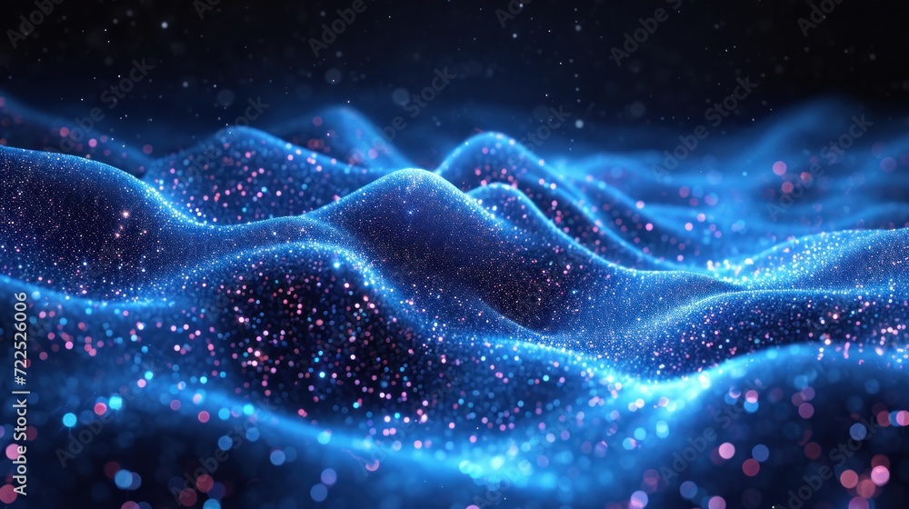 a computer generated image of a wave of blue and pink dots on a black background with a blur of pink and blue dots on the top of the wave. a computer generated image of a wave of blue and pink dots on a black background with a blur of pink and blue dots on the top of the wave.