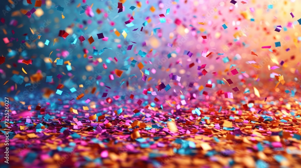  a bunch of colorful confetti sprinkles on a blue, pink, yellow, and purple background.