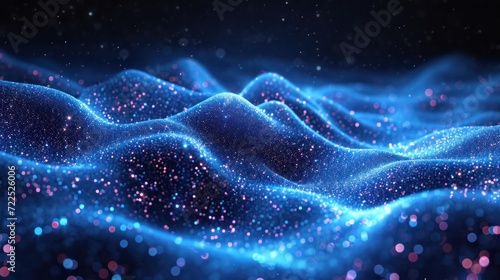  a computer generated image of a wave of blue and pink dots on a black background with a blur of pink and blue dots on the top of the wave.