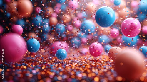  a bunch of blue and pink balls floating on top of a purple and pink floor covered in confetti.