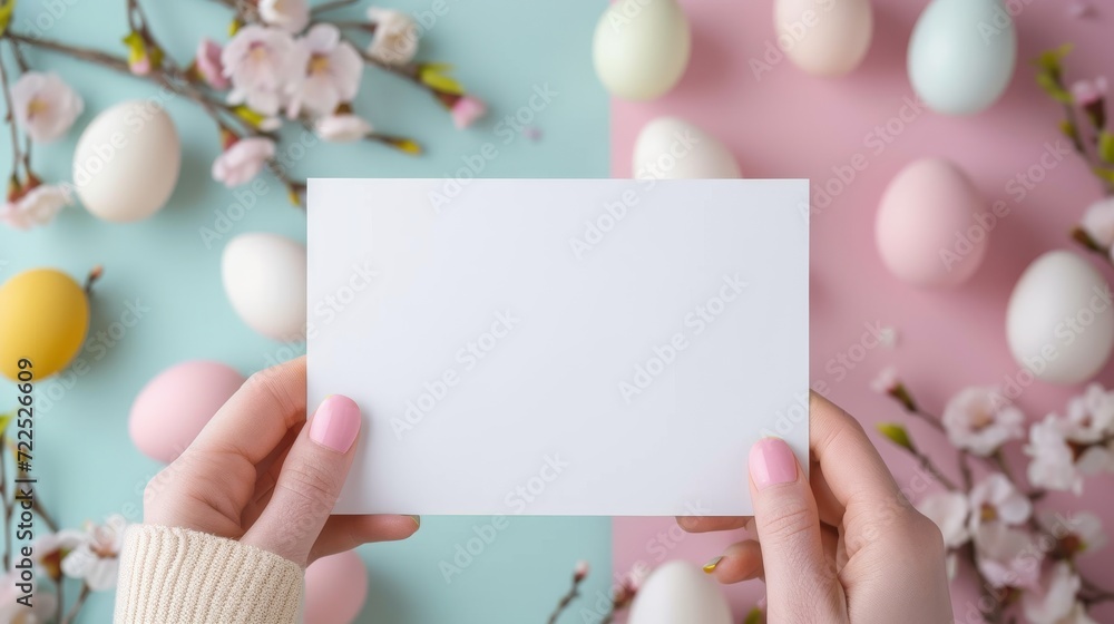 Obraz premium A person holding a white card with a delicate flower, symbolizing new beginnings and growth, while a cracked egg rests beside them, representing the fragility of life and the potential for change, in