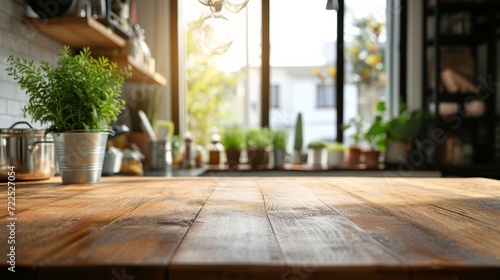 A rustic wooden table adorned with a variety of houseplants sits by the window, bringing a touch of nature to the indoor space