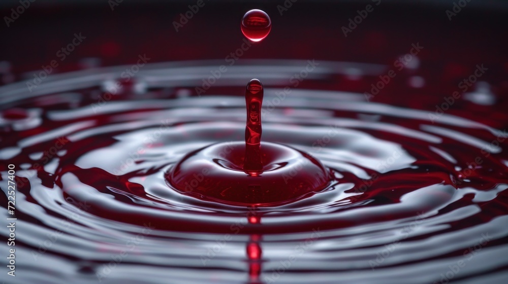 a close up of a red liquid splashing into a body of water with a drop of water on top of it. a close up of a red liquid splashing into a body of water with a drop of water on top of it.