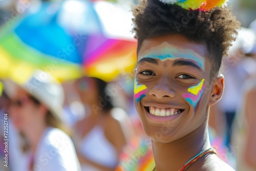 A beaming human face adorned with vibrant face paint adds a playful touch to their festival outfit, exuding a contagious joy and embracing the colorful spirit of the carnival photo