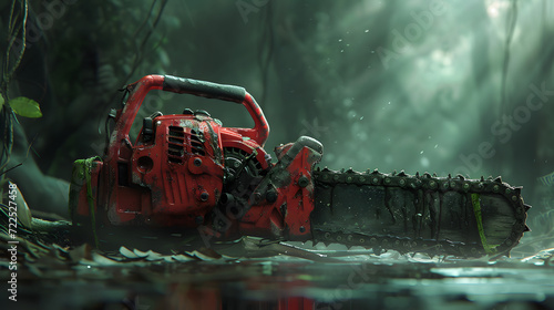 an old chainsaw is soaked up in rainwater © kenpaul