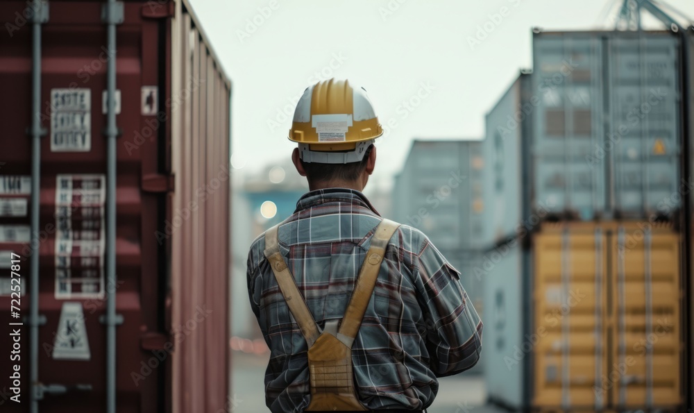 worker in a hard hat stands in the port against the background of multi-colored cargo containers