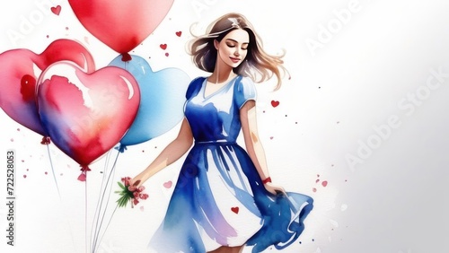 a girl in a blue dress holds heart-shaped balloons. horizontal picture. Watercolor drawing