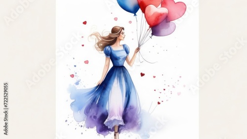 a girl in a blue dress holds heart-shaped balloons. horizontal picture. Watercolor drawing