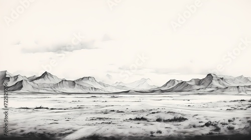 Black ink sketch of a serene desert landscape on a clean white canvas, showcasing minimalism to express the vastness and calmness of the environment