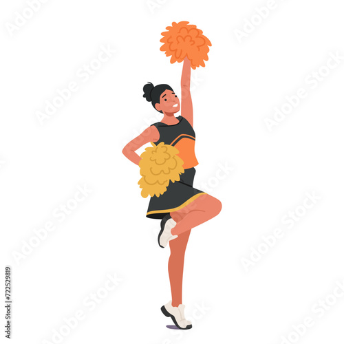Energetic Cheerleader Girl Character In Vibrant Uniform Twirls Pompoms With Enthusiasm. Radiant Smile, Contagious Energy
