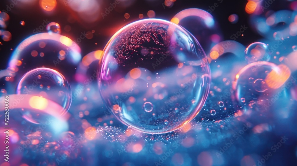a group of soap bubbles floating on top of a blue and pink surface with a lot of bubbles floating on top of it. a group of soap bubbles floating on top of a blue and pink surface with a lot of bubbles floating on top of it.