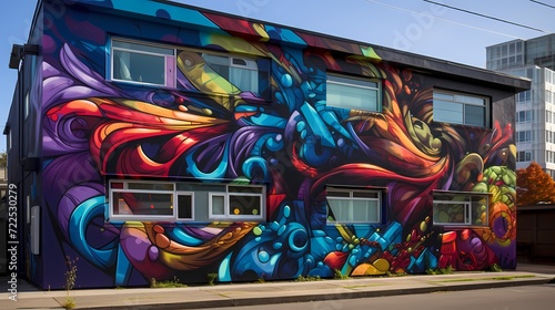 Bold and colorful graffiti art on an urban wall, adding vibrancy to the cityscape